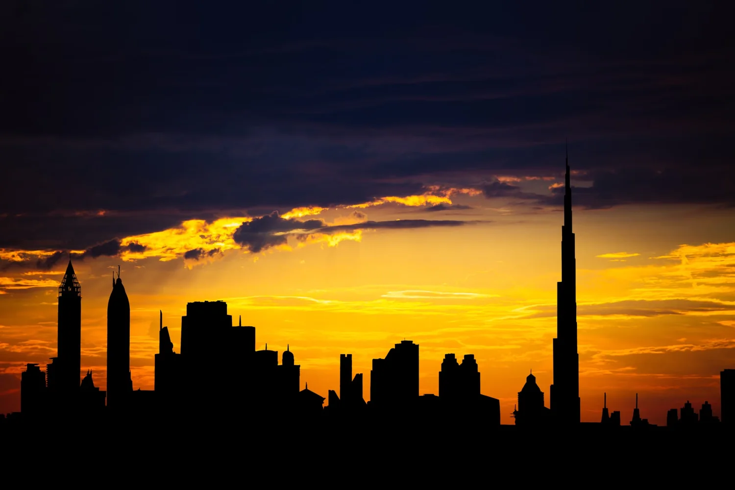 Dubai city skyline and popular travel sights in United Arab Emirates